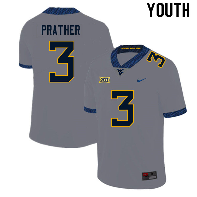 Youth #3 Kaden Prather West Virginia Mountaineers College Football Jerseys Sale-Gray - Click Image to Close